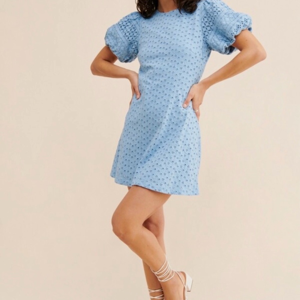 Free People Apricot Rose Puff Sleeve Eyelet Dress In Blue Size XS Msrp $128
